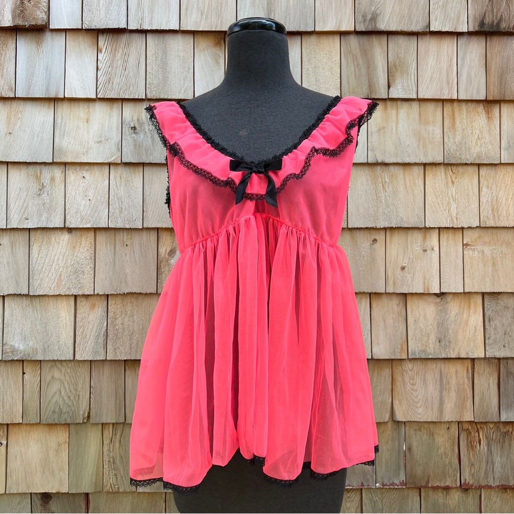 Vintage 70s Stardust Neon Pink and Black Sheer Babydoll Top, M